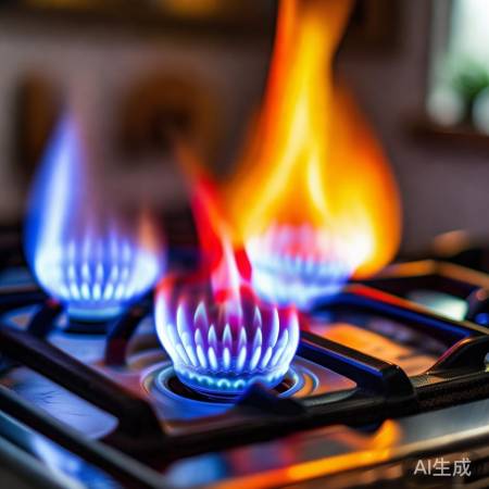燃气灶三火苗，蓝黄红各不同。