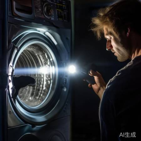 “手电探秘洗衣机,角落无遗漏。