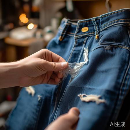 透明胶带临时修补破洞裤,晾干后